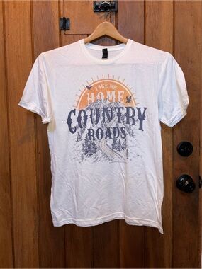 Gildan White Tee with Orange & Gray Country Roads Graphic